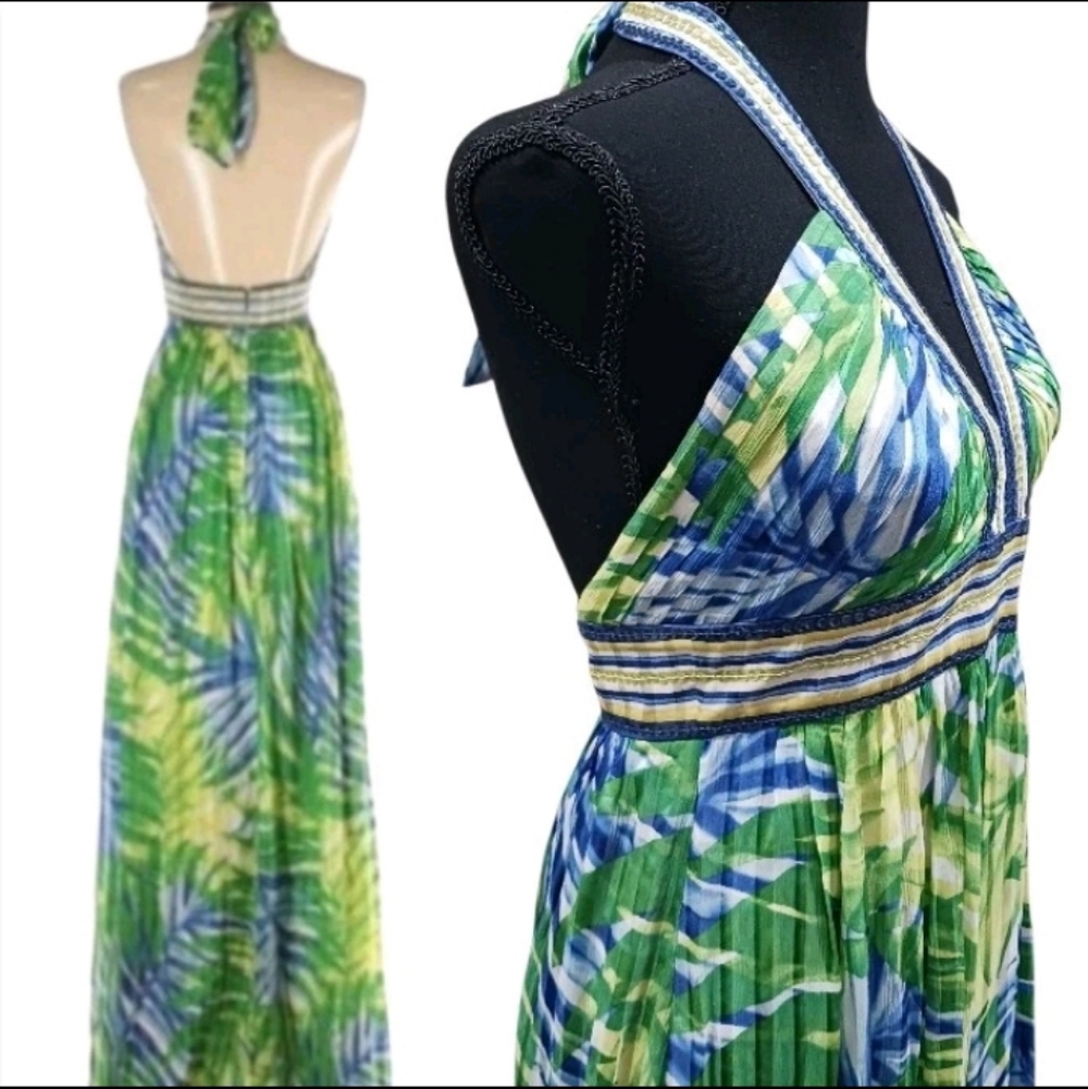 BCBGMaxAzria Silk Halter Maxi Dress Gown Palm Print Sequin - Picture 2 of 13